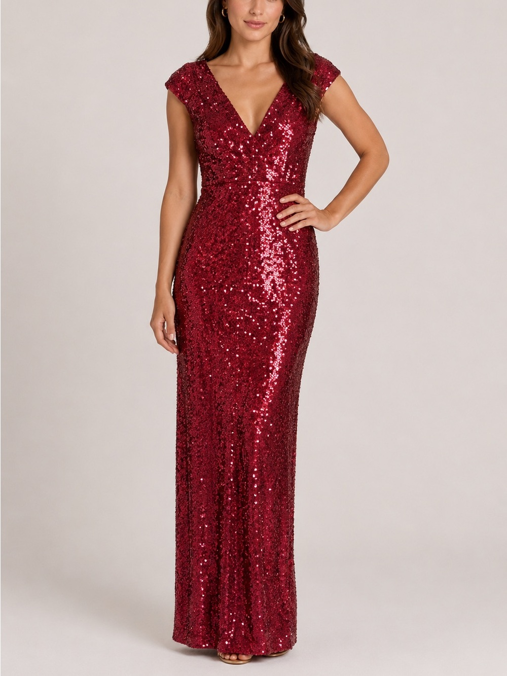 Bariano Australia Red Sequin Floor Length Maxi Dress Sleeveless Cap Sleeve 12